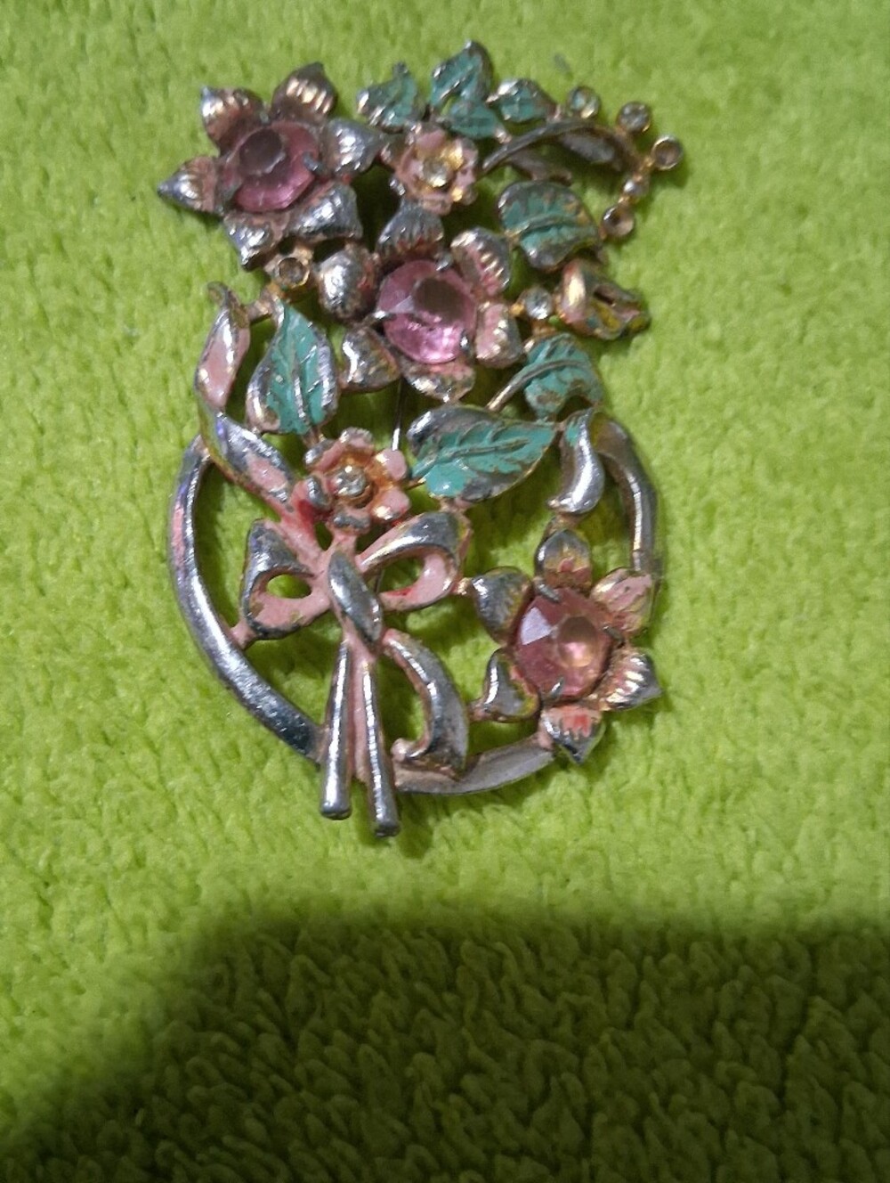 VINTAGE Pink and Green Floral Crystal Brooch - Women Jewelry